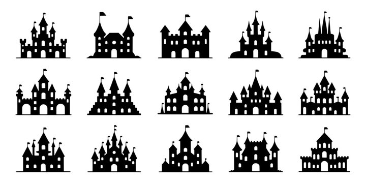 Castle Silhouette Icons Set with Medieval Tower Shapes for Game Ui, Map Markers, and History-Themed Designs