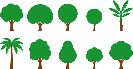Collection of cartoon trees with different green leaves and brown trunks  isolated on white © VectoLover