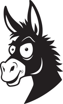 Funny cartoon donkey head profile vector illustration, silly smiling burro mascot face black and white graphic icon