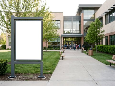 Vertical blank billboard mockup on school campus walkway in front of modern brick building