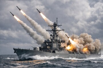 Obraz premium Modern naval warship launching missiles during military operation at sea under dramatic cloudy sky