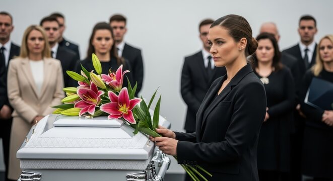 Woman Holding Pink Lilies at a Funeral Ceremony, Offering Condolences