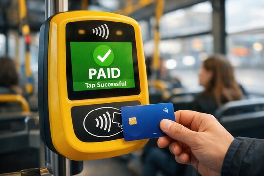 Contactless payment with credit card on public transport terminal showing paid fare confirmation