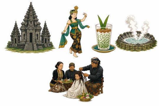 Pixel Art Set Featuring Indonesian Culture: Temple, Dancer, Hair Ceremony, Drink, and Hot Spring