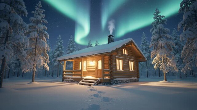 Cozy wooden cabin surrounded by snow and pine trees under vibrant northern lights in a peaceful winter night