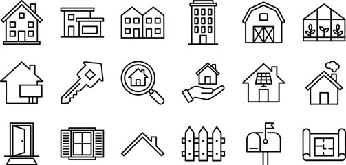 Real estate and residential property line icon set featuring homes, buildings, architecture, and housing service symbols © REYAD