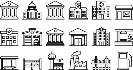 Public infrastructure and city building line icon set featuring government, transportation, healthcare, and urban facility symbols © REYAD