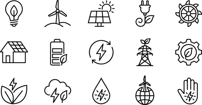 Renewable energy and eco technology line icon set featuring solar power, wind energy, and sustainable electricity symbols