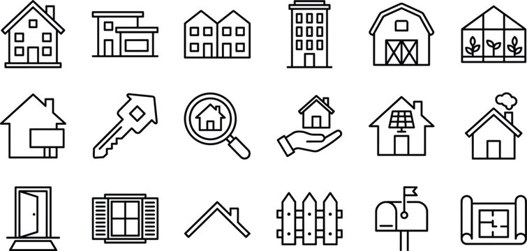 Real estate and residential property line icon set featuring homes, buildings, architecture, and housing service symbols
