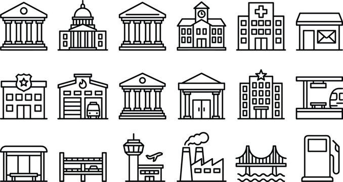 Public infrastructure and city building line icon set featuring government, transportation, healthcare, and urban facility symbols