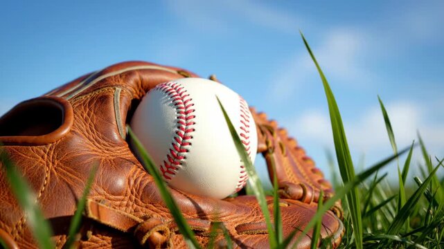 Baseball inside a leather glove resting on green grass under a clear blue sky. Professional sports equipment placed in a field for game preparation training