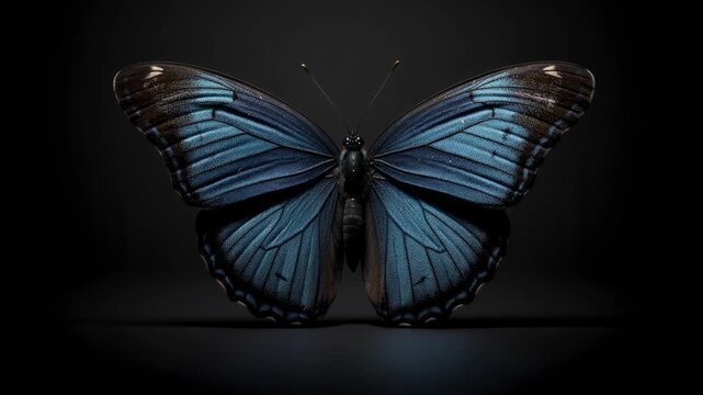Close up of a vibrant blue butterfly with spread wings on dark background nature wildlife