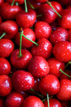 Macro background of fresh cherries with water droplets. Ripe red sweet fruit texture, natural summer harvest