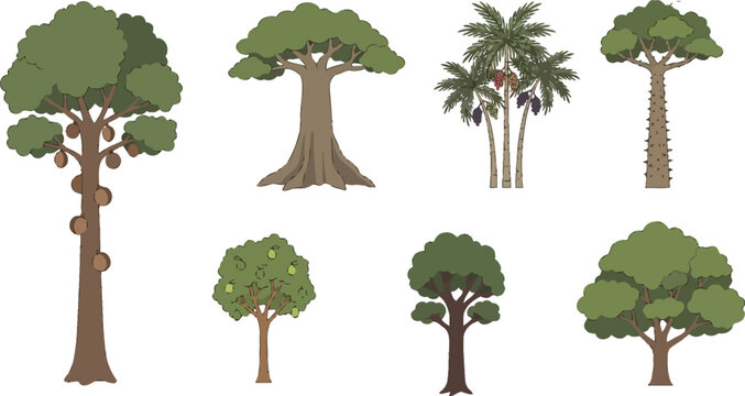 Seven cartoon trees with different shapes and sizes on white background