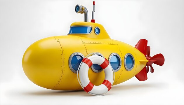 Bright yellow cartoon submarine with lifebuoy and periscope on white background