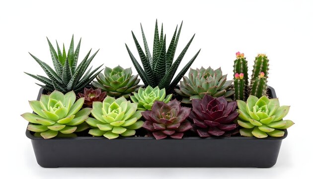 Assortment of succulent plants and cacti in a black planter box