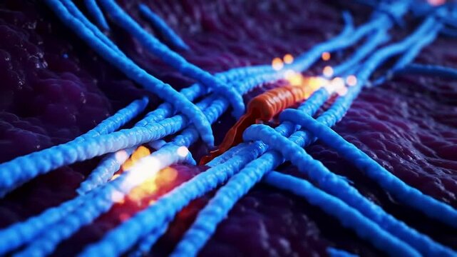 Detailed Close-Up View of Synthetic Biological Structures Illustrating Cellular Processes and Molecular Structures in Vibrant Blue and Orange Filament Patterns