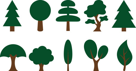 Various cartoon trees with green leaves and brown trunks in different shapes and sizes © VectoLover