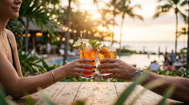 Couple toasting with cocktails at sunset by the pool