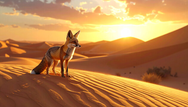 Camel and horse in desert at sunset landscape illustration