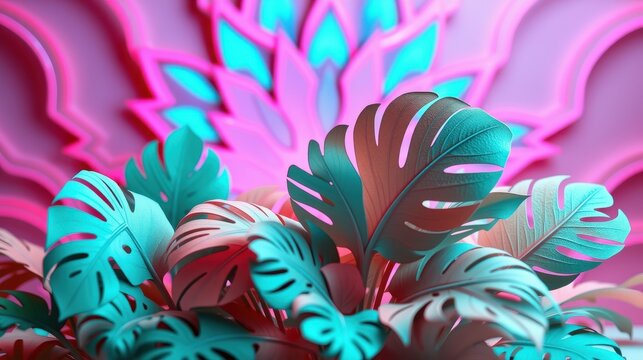 Vibrant tropical leaves, pink floral background. Neon colors create surreal, artistic composition. Lush foliage dominates foreground.