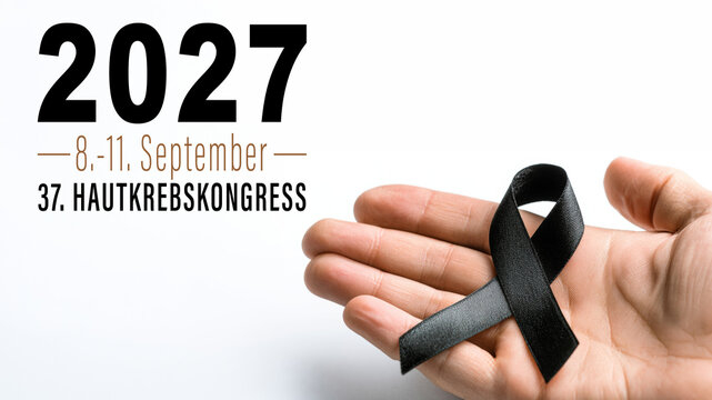 37. Hautkrebskongress 2027, 8. - 11. September - Nahaufnahme von Mann mit schwarzer Hautkrebs Schleife und deutschem Text