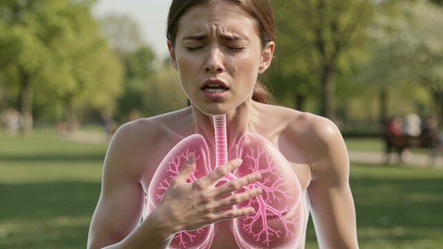 Young woman suffering from asthma attack with highlighted lungs outdoors in green park