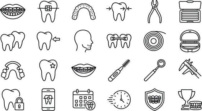Dental care and orthodontic line icon set featuring teeth treatment, braces, oral hygiene, and dentistry symbols