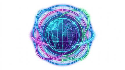 Abstract glowing globe with orbiting lines and lights. © Brodin