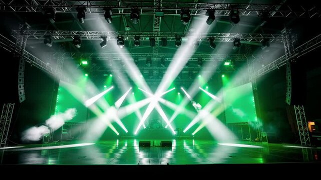 Empty concert stage with vibrant green and white spotlights and professional lighting setup