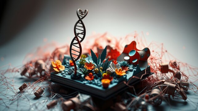 Abstract composition featuring DNA strand, plants, pills. Dark background highlights vibrant colors, complex network connections. Futuristic, scientific imagery.