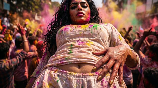 Woman covered in colorful powder during Holi festival