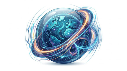 Abstract glowing planet with energy rings and light trails. © Brodin