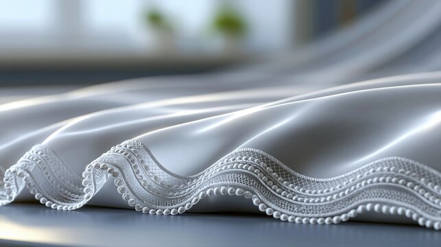 Soft White Fabric with Delicate Lace Trim and Beading, Elegant Drapery Detail