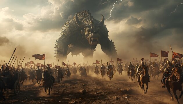 Colossal bull-like monster looming over a massive ancient cavalry army on a battlefield