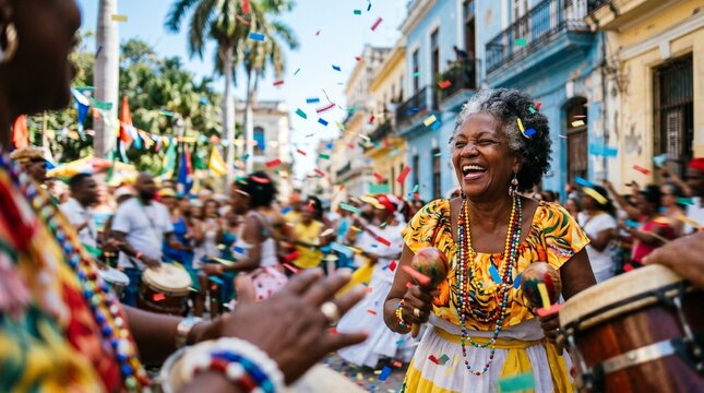 Elderly woman laughing at a colorful street festival with confetti falling
