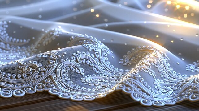 Elegant White Lace Fabric with Intricate Swirl Patterns and Sparkling Highlights