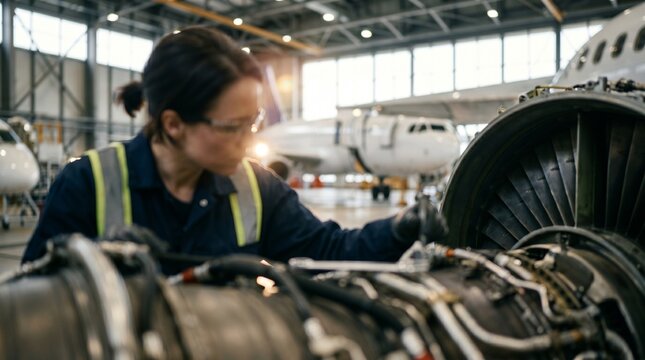 Female aviation mechanic inspecting an aircraft engine in a hangar