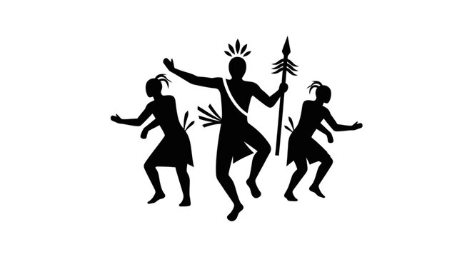 Three dancing tribal people silhouettes.