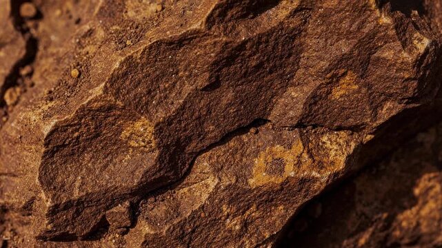 Close up of natural textured brown rock surface with detailed rough patterns in sunlight