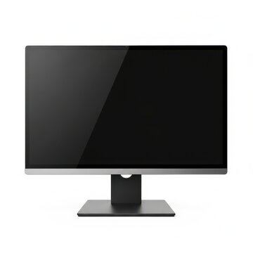 A modern computer monitor with a sleek black screen and minimalist design on a white background.