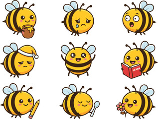 Fototapeta premium Cute Cartoon Bee Emoji Emoticon Expression Vector Character SetCute Cartoon Bee Emoji Emoticon Expression Vector Character Set