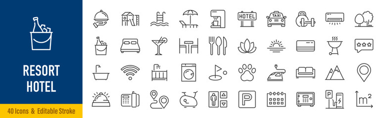 Naklejka na ściany i meble Resort Hotel web icons in line style. Wellness, beach, tourism, hotel, passport, maps, spa, landscape, camera. Icon collection. Vector illustration.