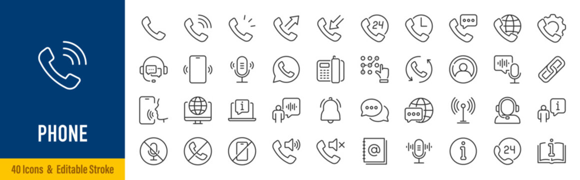 Phone web icons in line style. Call, telephone, mobile phone, contact, communication, collection. Vector illustration.