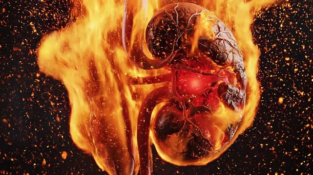 Anatomical human kidney illustration with burning fire