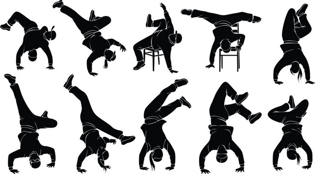 Breakdancing Silhouettes Set of Dancer Poses, Vector Illustration, Bboy, Street Dance