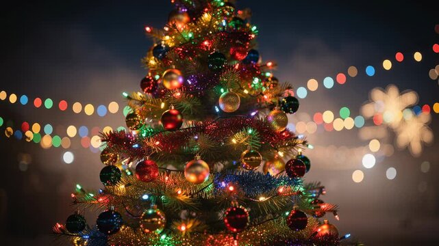 Festive decorated Christmas tree with colorful lights and ornaments during holiday celebration