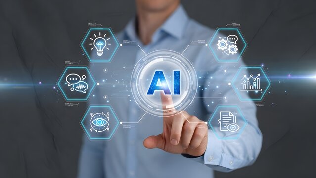 Artificial intelligence interface with businessman touching AI icon, digital transformation and machine learning concept, futuristic virtual dashboard