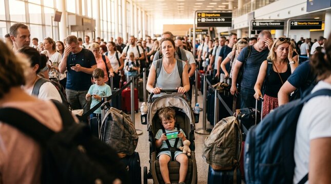 Crowded airport terminal with people in line, some looking stressed and using phones