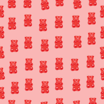 Red gummy bear seamless pattern on pastel pink background